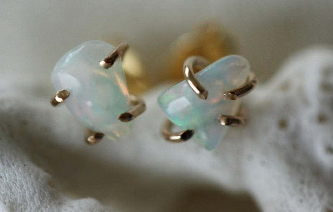 Raw Ethiopian White Opal Stud Earrings, October Birthstone Earrings