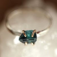 Raw Indicolite Blue Tourmaline Ring, Natural Indicolite Tourmaline Crystal Ring, October Birthstone Ring
