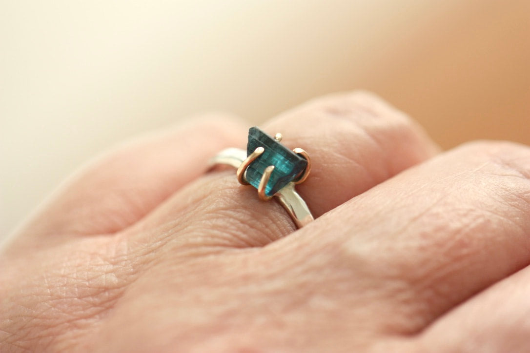 Raw Indicolite Blue Tourmaline Ring, Natural Indicolite Tourmaline Crystal Ring, October Birthstone Ring
