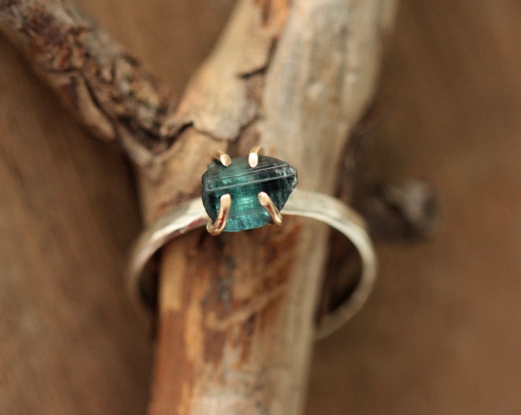 Raw Indicolite Blue Tourmaline Ring, Natural Indicolite Tourmaline Crystal Ring, October Birthstone Ring