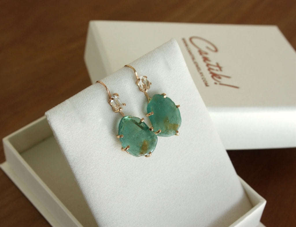 Green Bi-Color Tourmaline and Herkimer Diamond Earrings