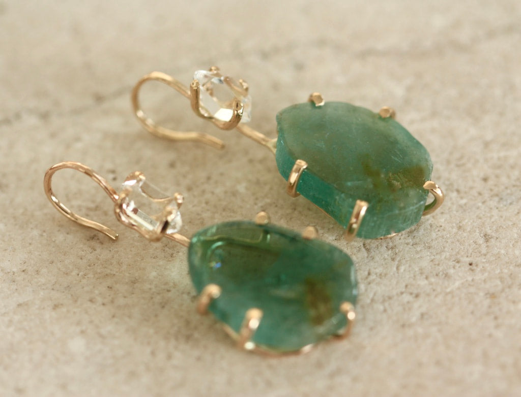 Green Bi-Color Tourmaline and Herkimer Diamond Earrings