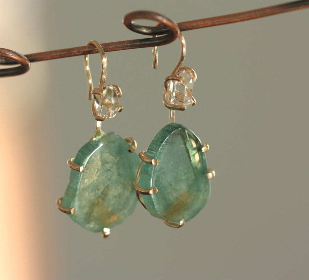 Green Bi-Color Tourmaline and Herkimer Diamond Earrings