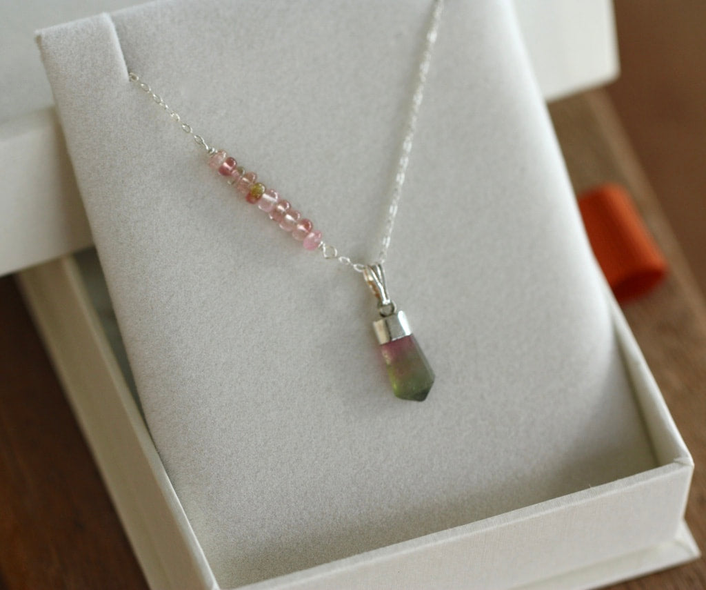 Watermelon Bi-Color Tourmaline Crystal Point Pendant Necklace