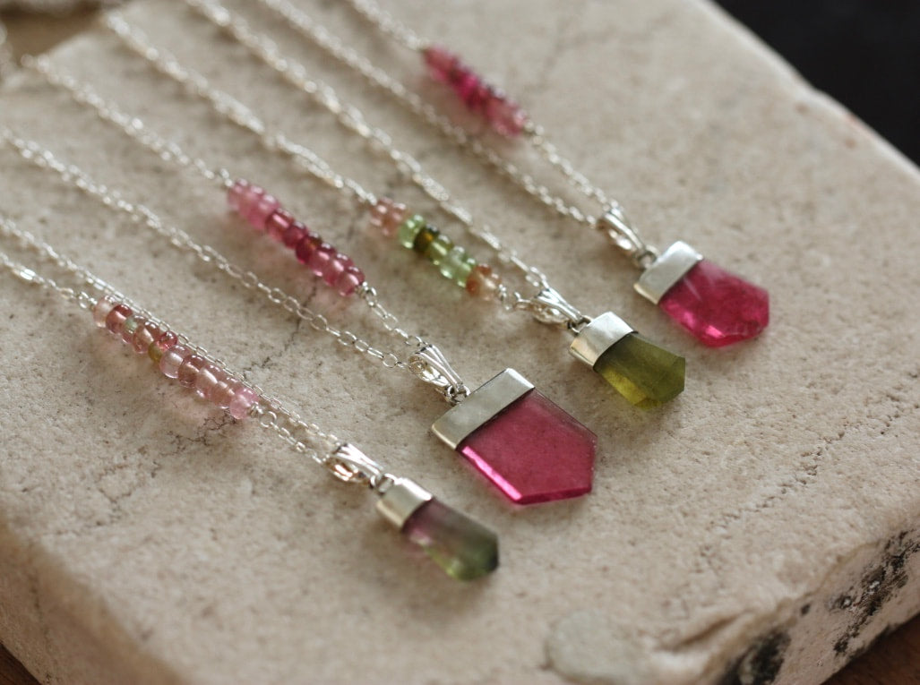Watermelon Bi-Color Tourmaline Crystal Point Pendant Necklace