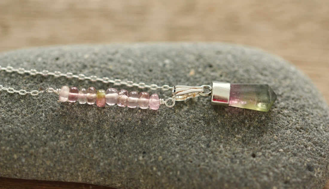 Watermelon Bi-Color Tourmaline Crystal Point Pendant Necklace