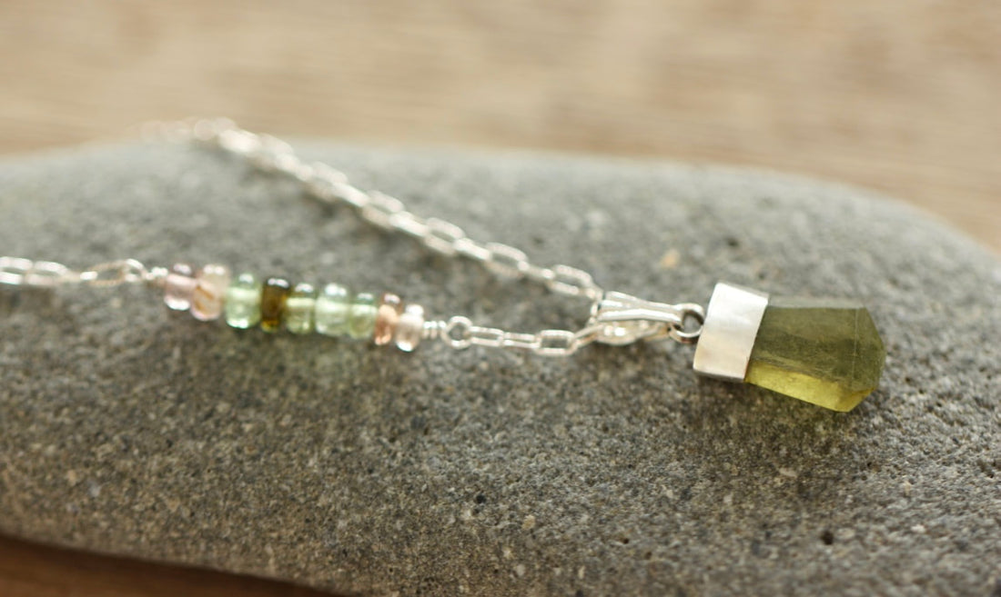 Olive Green Tourmaline Crystal Point Pendant Necklace