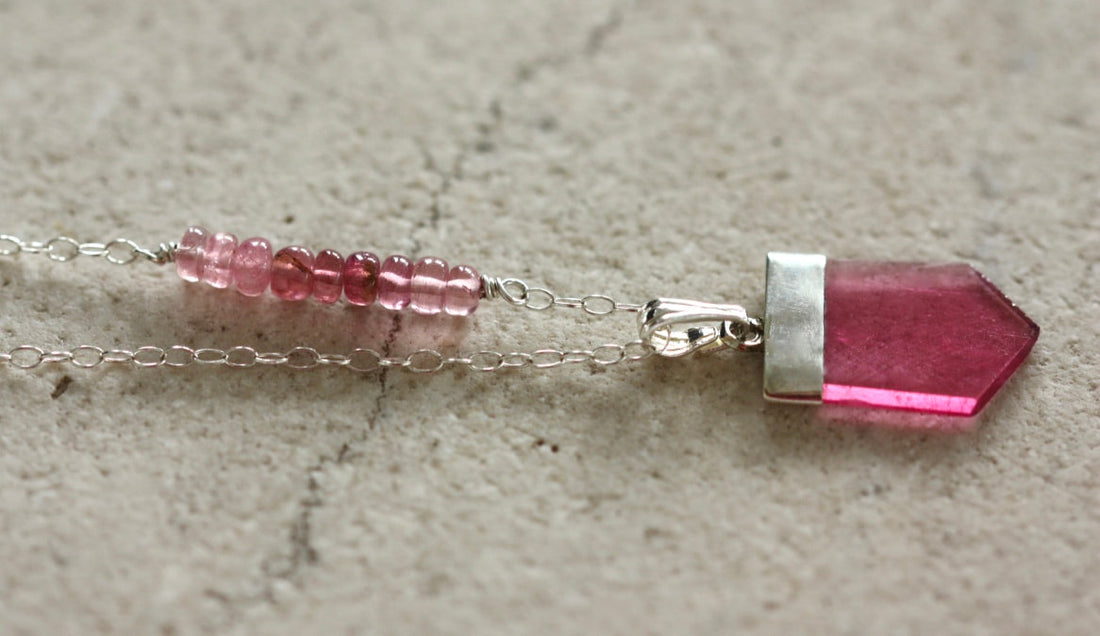 Pink Rubellite Tourmaline Crystal Point Pendant Necklace