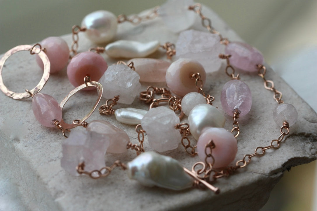 Long Pink Multi Gemstone and Pearl Necklace