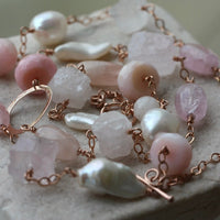 Long Pink Multi Gemstone and Pearl Necklace