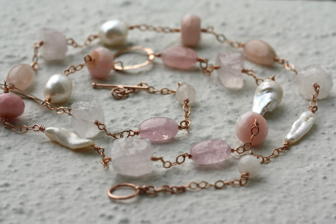 Long Pink Multi Gemstone and Pearl Necklace