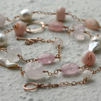 Long Pink Multi Gemstone and Pearl Necklace