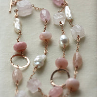 Long Pink Multi Gemstone and Pearl Necklace