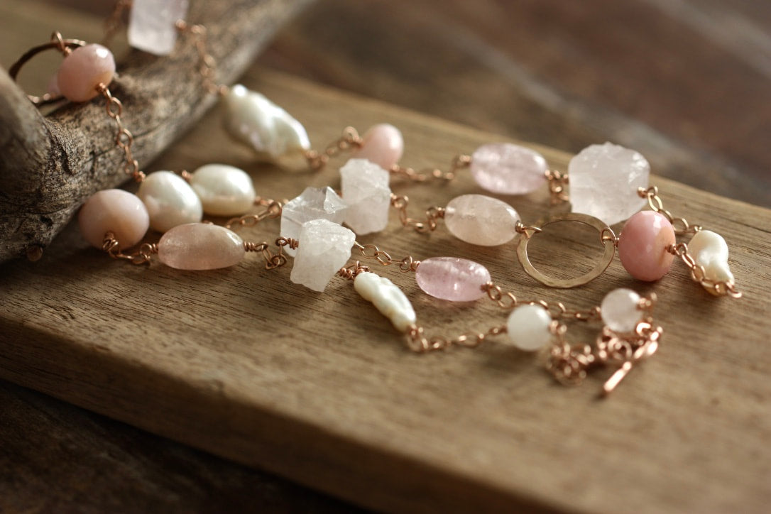 Long Pink Multi Gemstone and Pearl Necklace