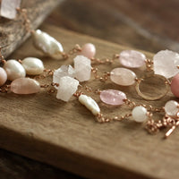 Long Pink Multi Gemstone and Pearl Necklace