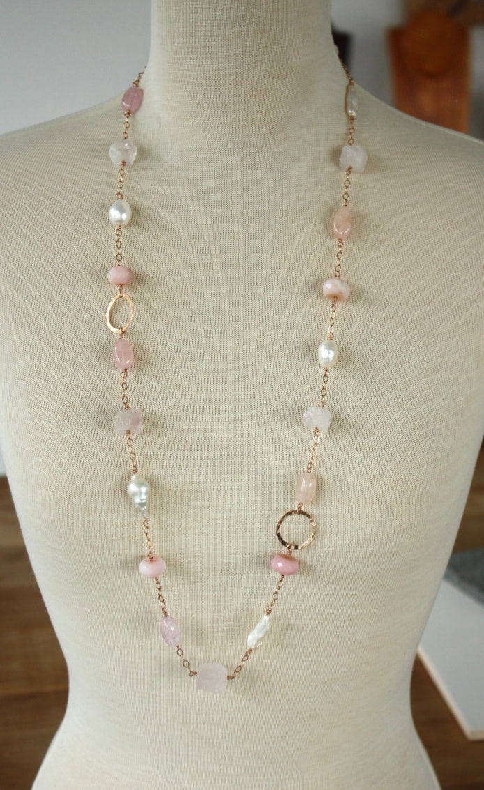 Long Pink Multi Gemstone and Pearl Necklace