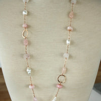Long Pink Multi Gemstone and Pearl Necklace