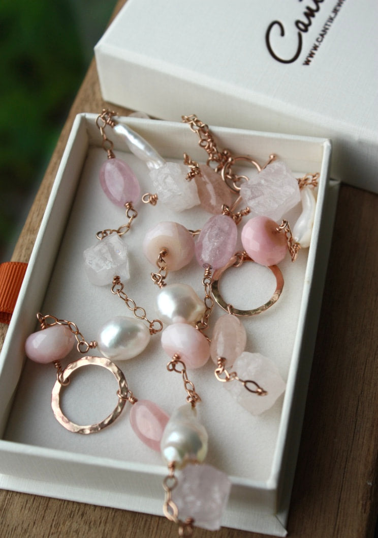 Long Pink Multi Gemstone and Pearl Necklace