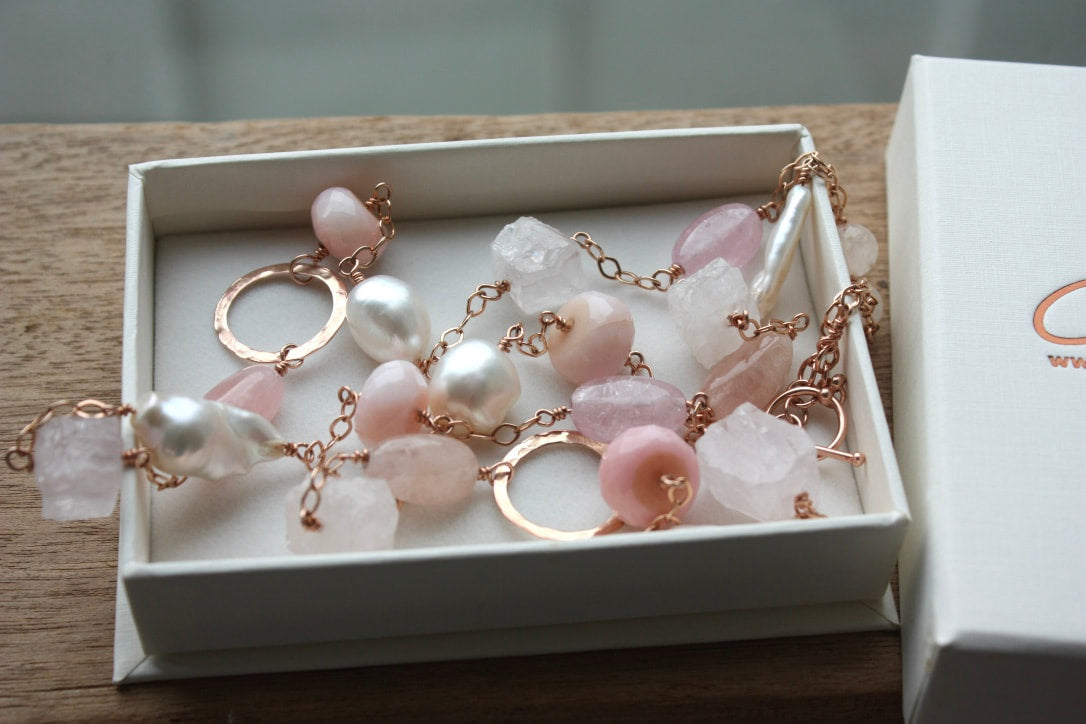 Long Pink Multi Gemstone and Pearl Necklace