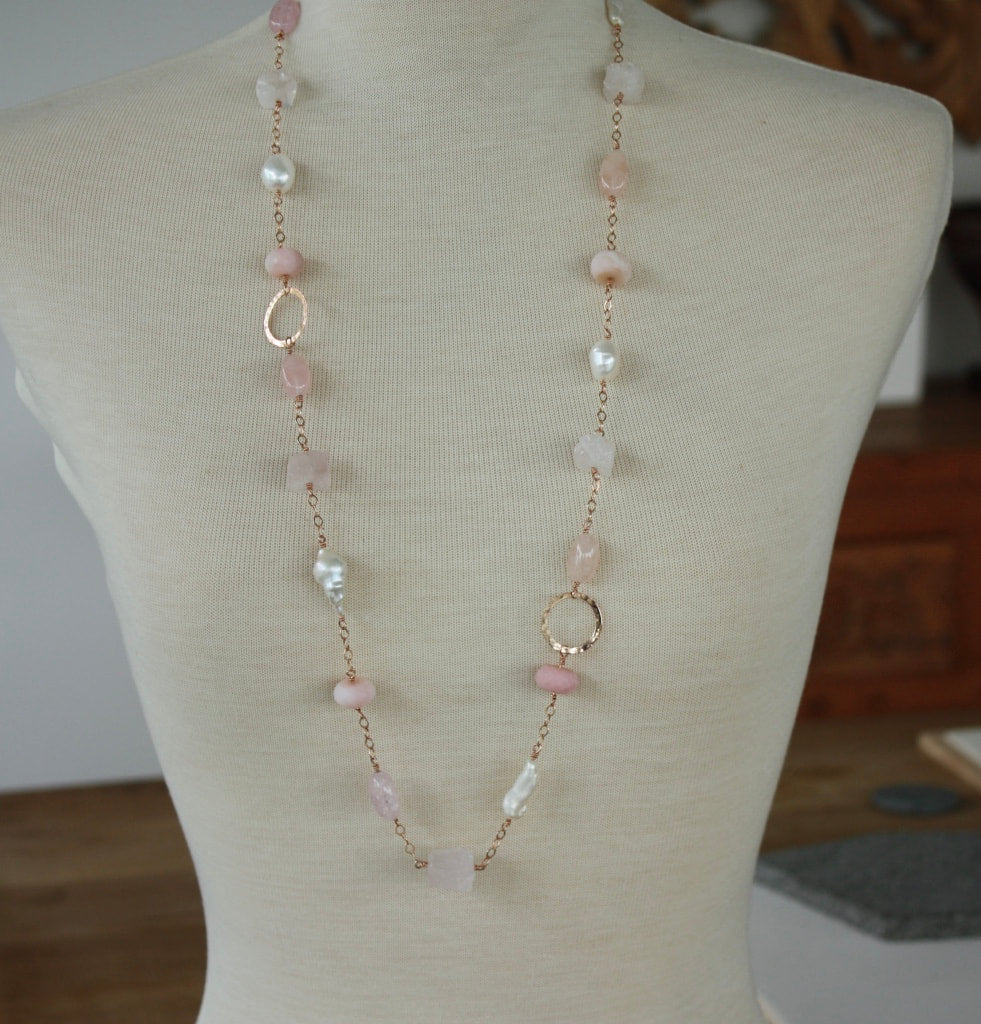 Long Pink Multi Gemstone and Pearl Necklace