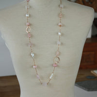 Long Pink Multi Gemstone and Pearl Necklace