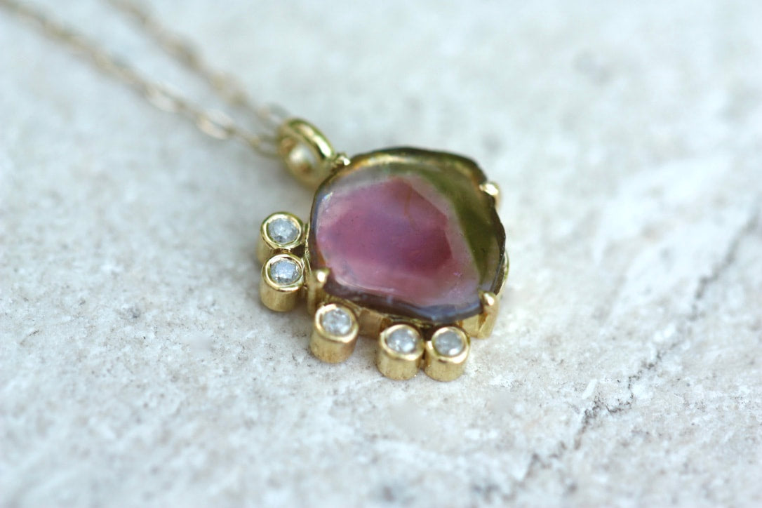Bi-Color Watermelon Tourmaline and Diamonds Pendant Necklace, October Birthstone Necklace