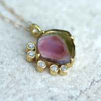 Bi-Color Watermelon Tourmaline and Diamonds Pendant Necklace, October Birthstone Necklace