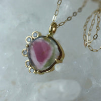 Bi-Color Watermelon Tourmaline and Diamonds Pendant Necklace, October Birthstone Necklace