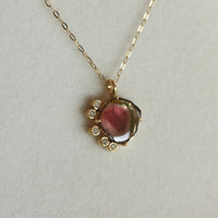 Bi-Color Watermelon Tourmaline and Diamonds Pendant Necklace, October Birthstone Necklace
