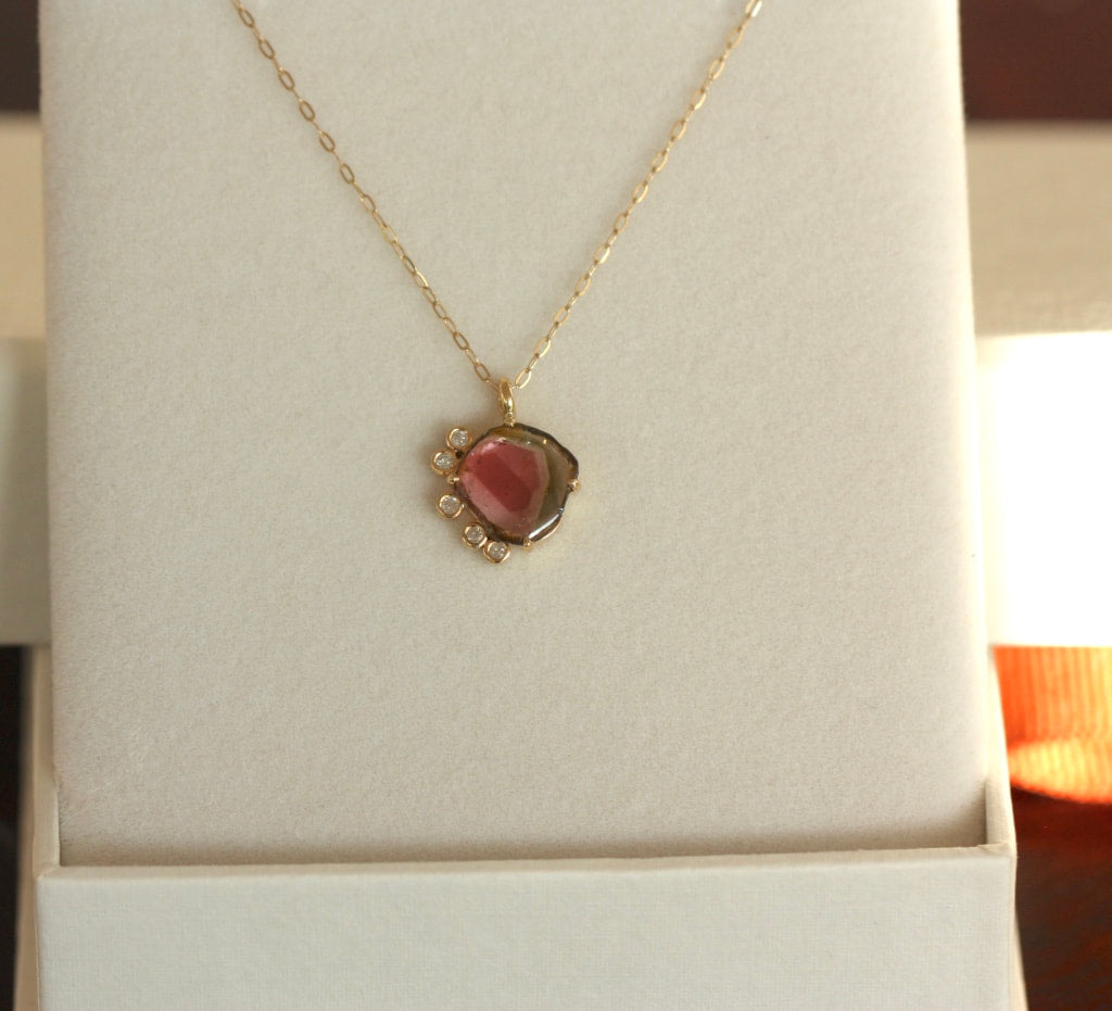 Bi-Color Watermelon Tourmaline and Diamonds Pendant Necklace, October Birthstone Necklace