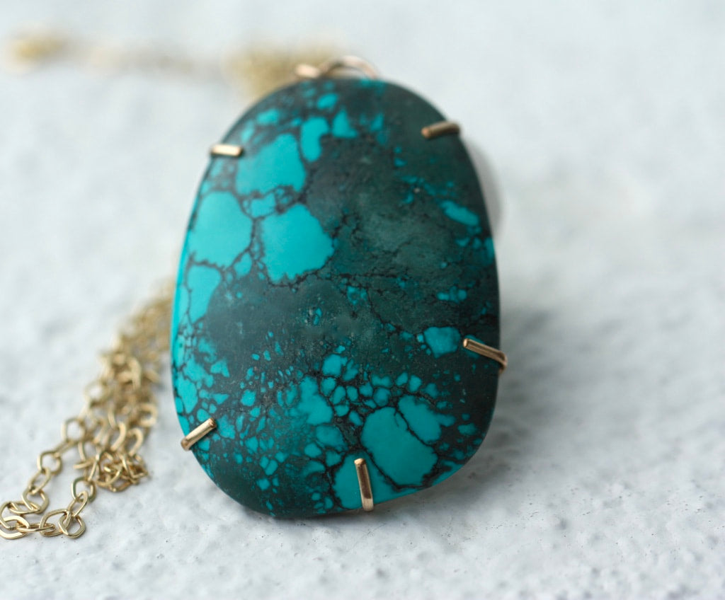 Large Natural Tibetan Turquoise Pendant Necklace, December Birthstone Pendant Necklace