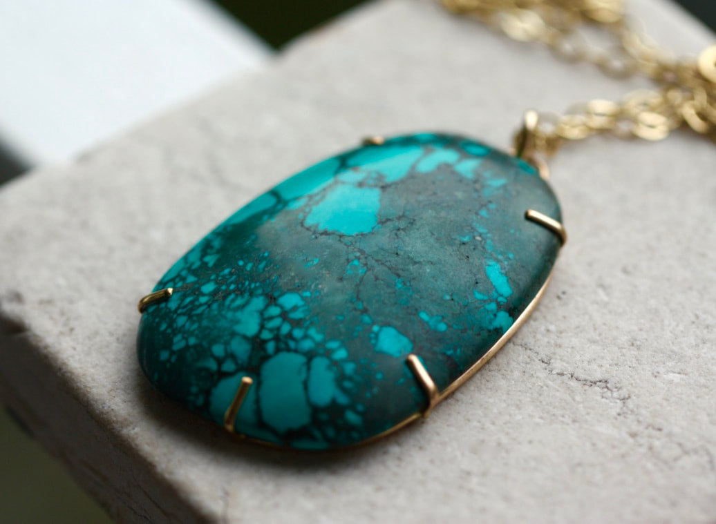 Large Natural Tibetan Turquoise Pendant Necklace, December Birthstone Pendant Necklace