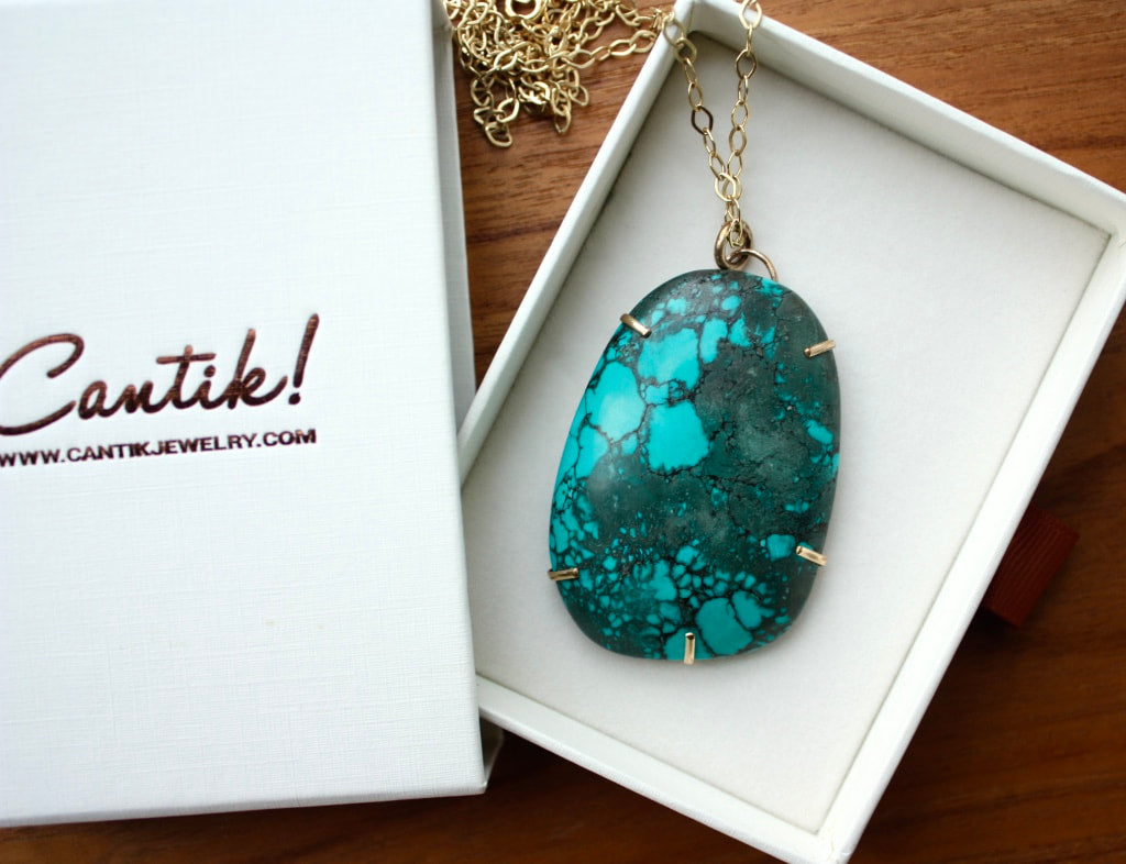 Large Natural Tibetan Turquoise Pendant Necklace, December Birthstone Pendant Necklace