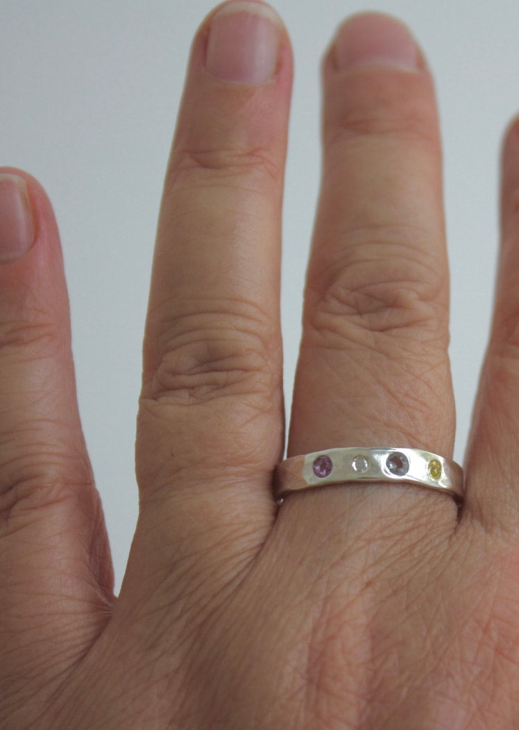 Hammered Diamond and Sapphire Ring, April and September Birthstone Ring, Wedding Engagement Ring