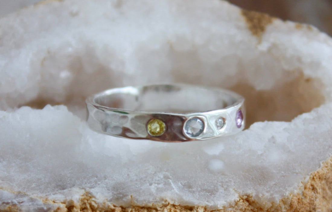 Hammered Diamond and Sapphire Ring, April and September Birthstone Ring, Wedding Engagement Ring