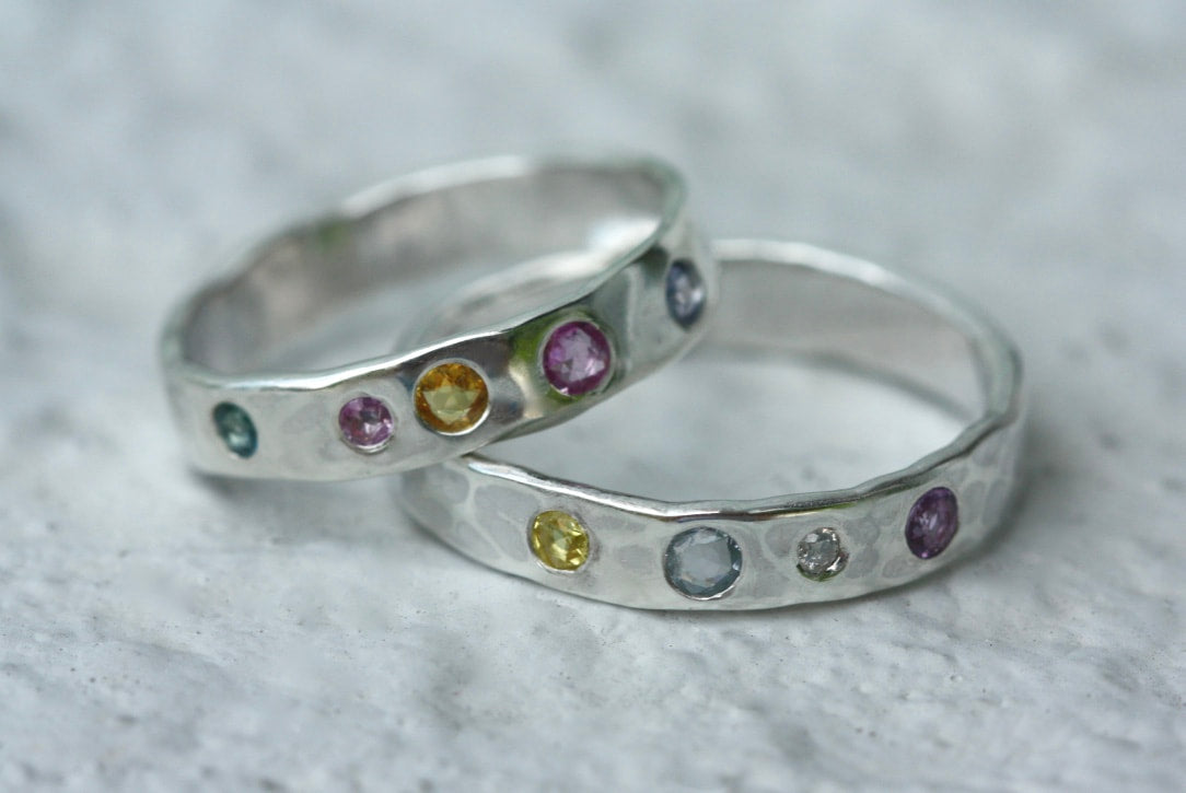 Hammered Diamond and Sapphire Ring, April and September Birthstone Ring, Wedding Engagement Ring