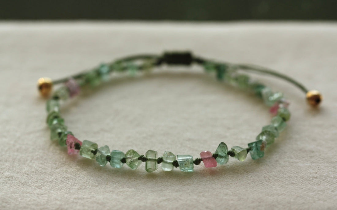 Raw Watermelon Multi Color Tourmaline Knotted Macrame Bracelet, October Birthstone Bracelet