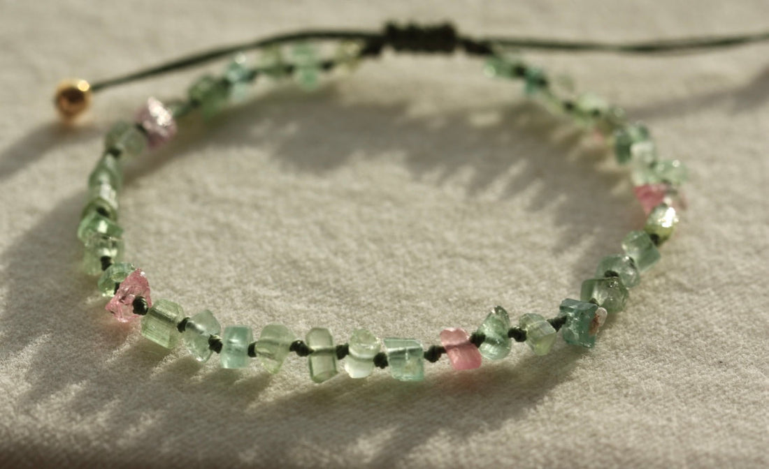 Raw Watermelon Multi Color Tourmaline Knotted Macrame Bracelet, October Birthstone Bracelet