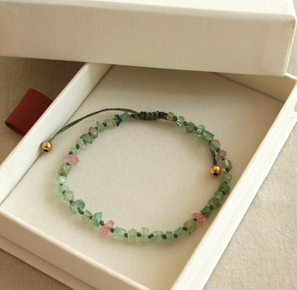 Raw Watermelon Multi Color Tourmaline Knotted Macrame Bracelet, October Birthstone Bracelet