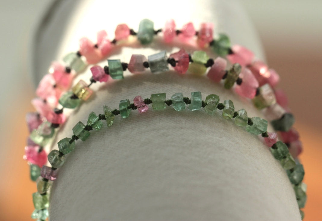 Raw Multi Color Tourmaline Knotted Macrame Bracelet, October Birthstone Bracelet