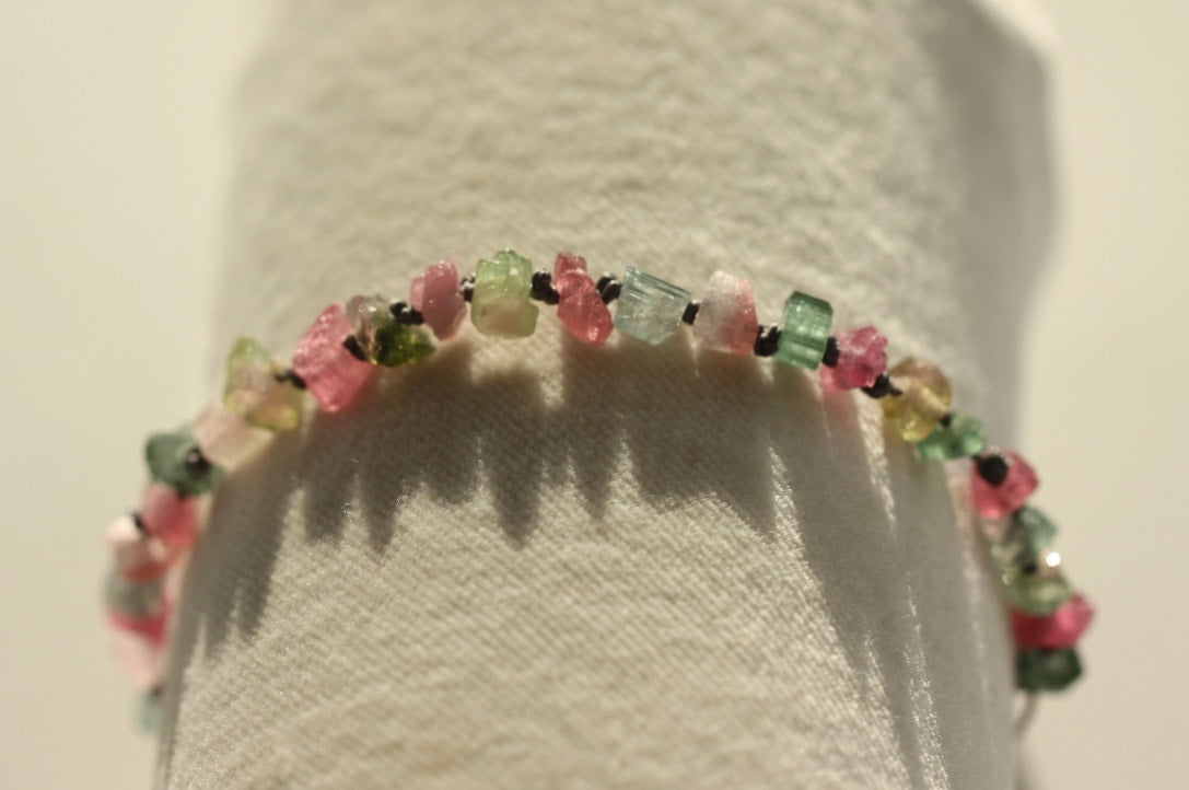 Raw Multi Color Tourmaline Knotted Macrame Bracelet, October Birthstone Bracelet