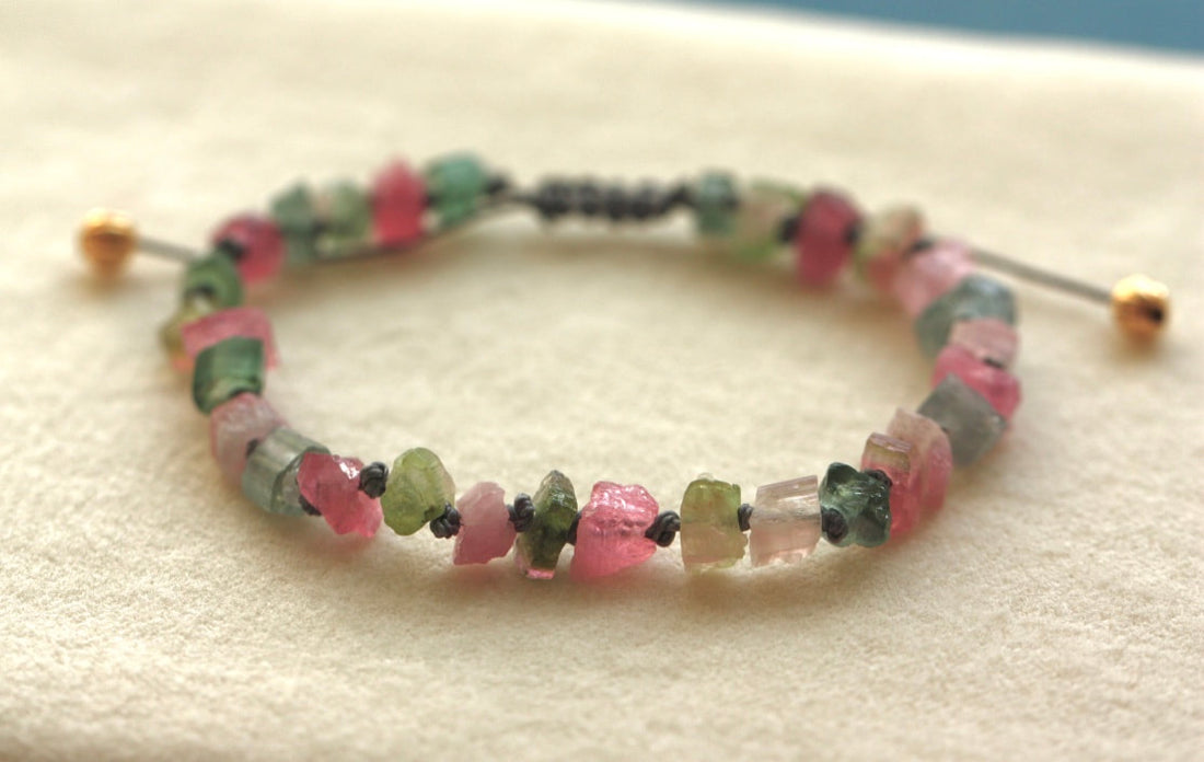 Raw Multi Color Tourmaline Knotted Macrame Bracelet, October Birthstone Bracelet