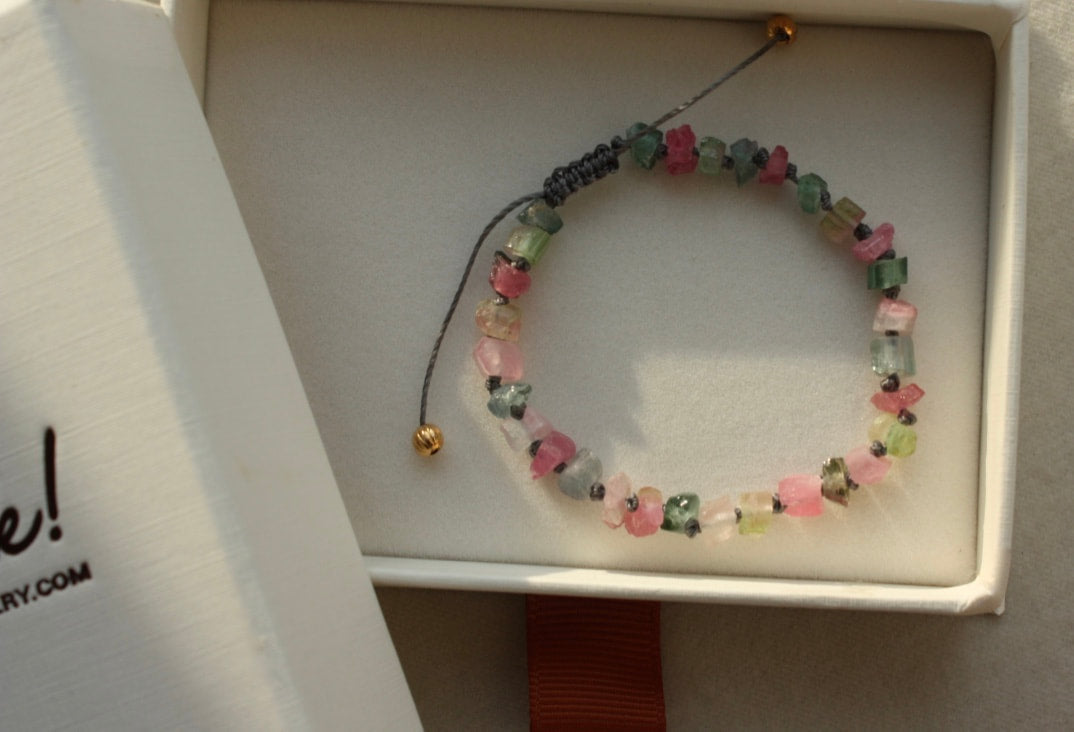 Raw Multi Color Tourmaline Knotted Macrame Bracelet, October Birthstone Bracelet