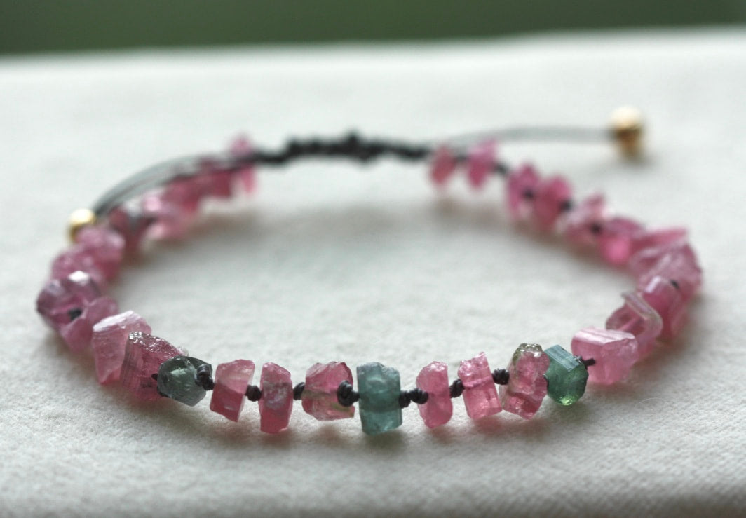 Raw Pink and Indicolite Tourmaline Knotted Macrame Bracelet, October Birthstone Bracelet