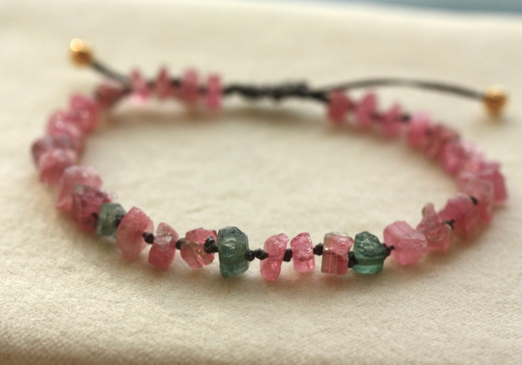 Raw Pink and Indicolite Tourmaline Knotted Macrame Bracelet, October Birthstone Bracelet