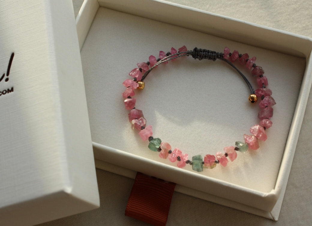 Raw Pink and Indicolite Tourmaline Knotted Macrame Bracelet, October Birthstone Bracelet
