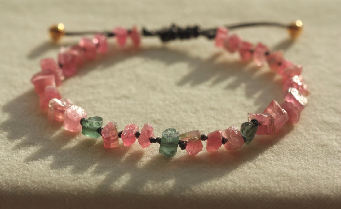 Raw Pink and Indicolite Tourmaline Knotted Macrame Bracelet, October Birthstone Bracelet