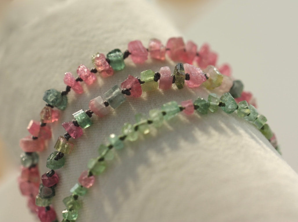 Raw Pink and Indicolite Tourmaline Knotted Macrame Bracelet, October Birthstone Bracelet