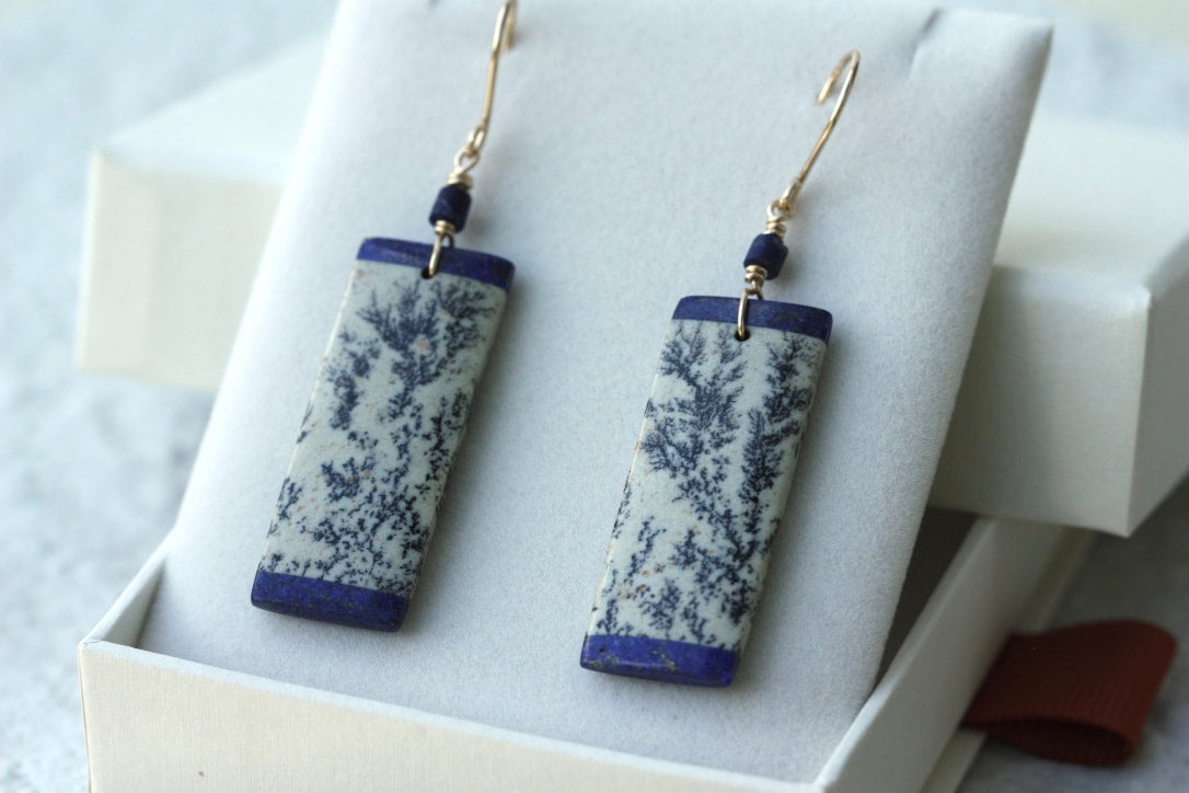 Sapling Jasper and Lapis Lazuli Intarsia Long Earrings, September and March Birthstone Earrings