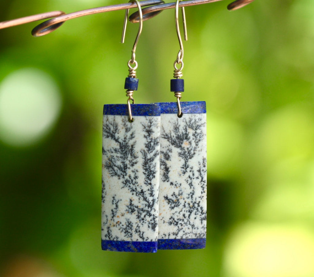 Sapling Jasper and Lapis Lazuli Intarsia Long Earrings, September and March Birthstone Earrings